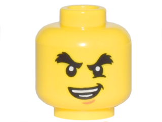 Minifigure, Head Black Bushy Eyebrows, Medium Nougat Chin Dimple, Lopsided Open Mouth Smile with Teeth Parted Pattern