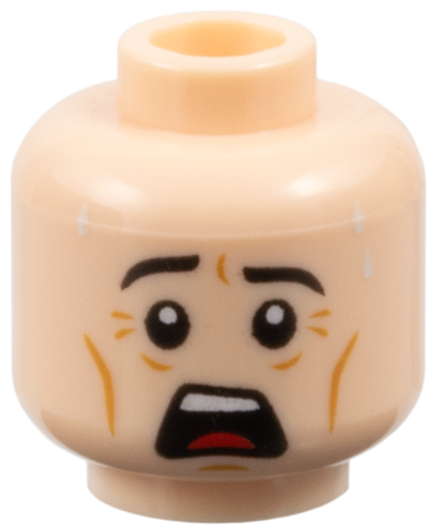 Minifigure, Head Male Black Eyebrows, White Pupils, Chin Dimple, Cheek Lines, Sweat Drops, Open Mouth Surprised / Scared Pattern