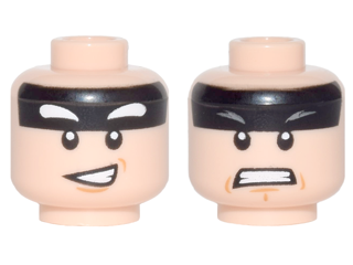 Minifigure, Head Dual Sided Black Headband, Squinted Batman Eyes, Medium Nougat Chin Dimple, Lopsided Open Mouth Smile / Angry Bared Teeth Pattern