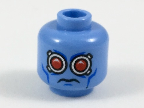 Minifigure, Head Alien with Red Eyes, Silver Goggles and Blue Cheek Lines Pattern (Mr. Freeze)