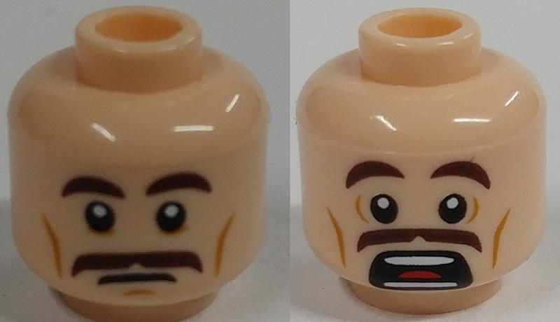 Minifigure, Head Dual Sided Brown Eyebrows, Moustache, White Pupils, Scared Pattern