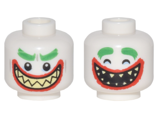 Minifigure, Head Dual Sided Bushy Green Eyebrows, Thick Red Lips, Bright Light Yellow Sharp Teeth, Wide Open Mouth Smile, Teeth Together / Teeth Parted Pattern (The Joker)