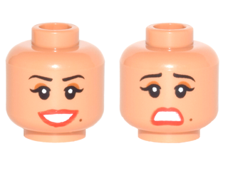 Minifigure, Head Dual Sided Female Thin Black Eyebrows, Brown Eye Shadow, Red Lips, Beauty Mark, Smile / Scared Pattern