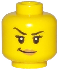 Minifigure, Head Female Black Eyebrows, Right Raised, Eyelashes, Nougat Lips, Smirk Pattern