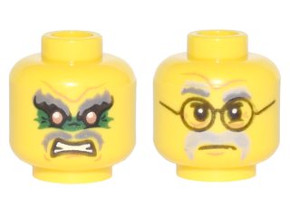 Minifigure, Head Dual Sided Gray Eyebrows, Green Eye Paint, Grimace / Gray Eyebrows and Moustache, Black Round Glasses Pattern