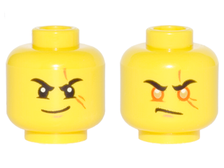 Minifigure, Head Dual Sided Black Eyebrows, Scar Across Left Eye, Smirk / Orange Rimmed Eyes, Gold Pupils, Scowl Pattern