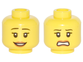 Minifigure, Head Dual Sided Female, Thin Black Eyebrows, Dark Orange Lips, Slight Smile / Scared Pattern