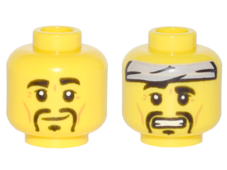 Minifigure, Head Dual Sided Thick Black Eyebrows, Goatee, Cheek Lines, Crooked Smile / Gray Headband, Scared Pattern