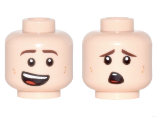Minifigure, Head Dual Sided Brown Eyebrows, Dark Tan Dimples, Lopsided Smile / Scared Pattern