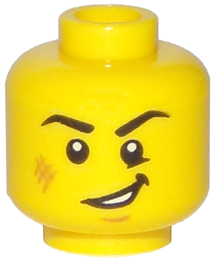 Minifigure, Head Black Eyebrows, Right Angled, Medium Nougat Scuff Mark and Chin Dimple, Lopsided Open Mouth Smile with Teeth Pattern