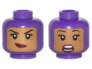 Minifigure, Head Dual Sided Female Balaclava with Medium Nougat Face, Black Eyebrows, Eyelashes, Beauty Mark, Dark Red Lips, Smirk / Surprised Open Mouth with Teeth Parted Pattern