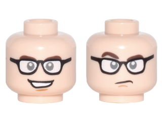 Minifigure, Head Dual Sided Black Glasses with White Lenses, Dark Brown Eyebrows, Open Mouth Smile with Teeth / Frown, Raised Eyebrow Pattern