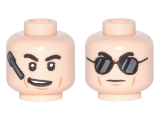 Minifigure, Head Dual Sided Black Eyebrows, Cheek Lines, Headset and Crooked Smile / Black Sunglasses with Reflections Pattern