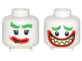 Minifigure, Head Dual Sided Bushy Green Eyebrows, Thick Red Lips, Bright Light Yellow Sharp Teeth, Grin / Wide Open Mouth Smile Pattern (The Joker)