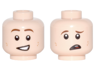 Minifigure, Head Dual Sided Brown Eyebrows, Dark Tan Dimples, Crooked Smile / Crooked Frown, Worried Pattern