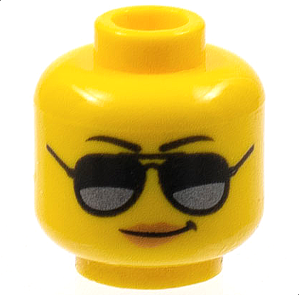 Minifigure, Head Female Black Eyebrows, Sunglasses with Dark Silver Reflections, Medium Nougat Lips, Smirk Pattern