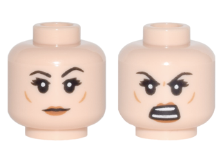 Minifigure, Head Dual Sided Female Black Eyebrows, Eyelashes, Medium Nougat Cheek Dimples, Dark Orange Lips, Neutral / Open Mouth Angry with Teeth Parted Pattern