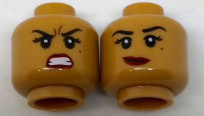 Minifigure, Head Dual Sided Female Black Eyebrows, Beauty Mark, Red Lips, Lopsided Smile / Fierce Pattern