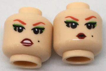 Minifigure, Head Dual Sided Female Red Eyebrows, Green Eye Shadow, Worried / Pursed Lips Pattern