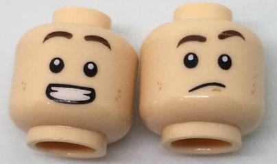 Minifigure, Head Dual Sided Dark Brown Eyebrows, Dark Orange Dimples, Confused / Smile with Teeth Pattern