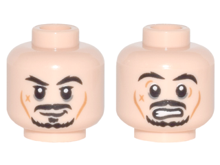 Minifigure, Head Dual Sided PotC Jack Sparrow Black Moustache and Goatee, Cheek Lines, 'X' Shaped Scar, Smile / Scared Pattern