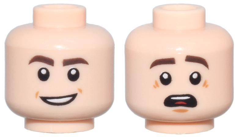 Minifigure, Head Dual Sided Dark Brown Eyebrows, Open Mouth Smile / Scared with Top Teeth and Red Tongue Pattern