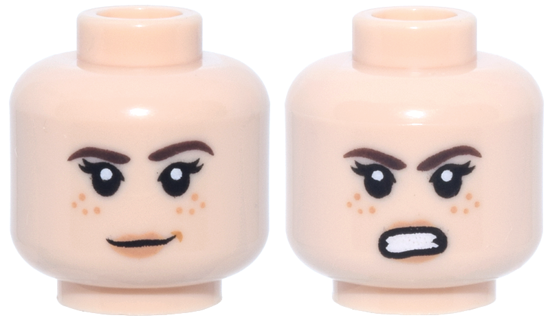 Minifigure, Head Dual Sided Female Reddish Brown Eyebrows, Nougat Freckles and Lips, Slight Smile / Bared Teeth Angry Pattern