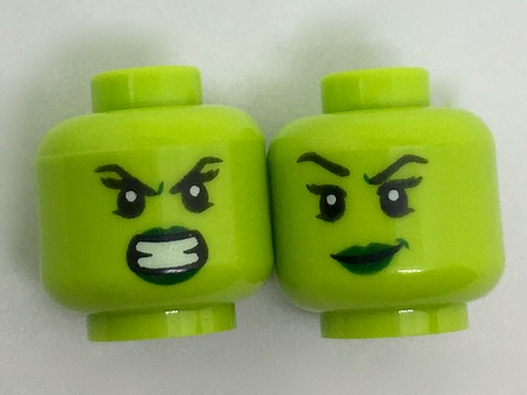 Minifigure, Head Dual Sided Alien Female Dark Green Lips, Teeth Bared Angry / Malicious Smile Pattern