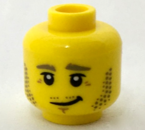 Minifigure, Head Dark Tan Thick Eyebrows and Mutton Chops Stubble, Upper Eyelids, Medium Nougat Chin Dimple and Eye Wrinkles, Lopsided Grin Pattern