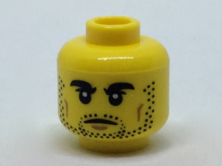Minifigure, Head Black Thick Eyebrows and Stubble, Dark Tan Cheek Lines Pattern