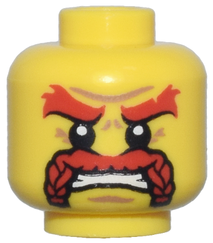 Minifigure, Head Red Bushy Eyebrows and Braided Moustache, Medium Nougat Chin Dimple and Wrinkles, Angry Bared Teeth Pattern