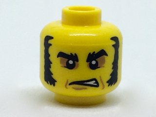 Minifigure, Head Black Eyebrows and Mutton Chops, Dark Tan Around Eyes, Gruff Expression Pattern