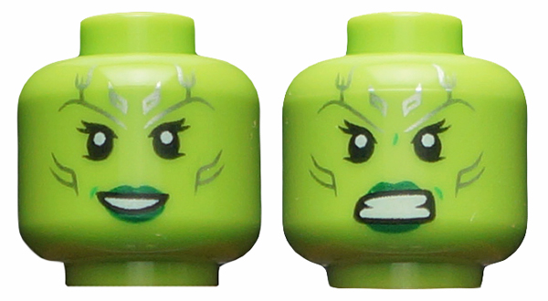 Minifigure, Head Dual Sided Alien Female with Silver Tattoos, Eyelashes, Dark Green Lips, Open Mouth Smile / Angry Pattern