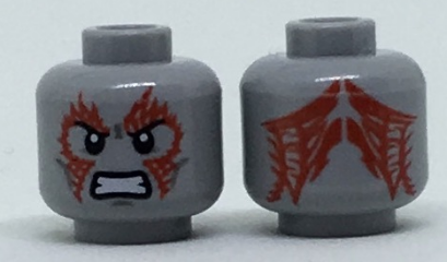 Minifigure, Head Alien Black Eyebrows, Dark Bluish Gray Cheek Lines, Fierce Expression, Red Tattoos on Front and Back Pattern