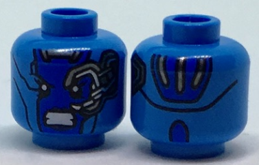 Minifigure, Head Alien Female with Blue Face, Mechanical Left Eye, Angry Expression, and Silver Stripes on Back Pattern (Nebula)