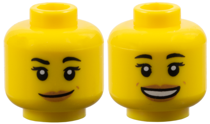 Minifigure, Head Dual Sided Female with Black Eyebrows, Medium Nougat Lips and Dimples, Neutral / Open Mouth Smile Pattern