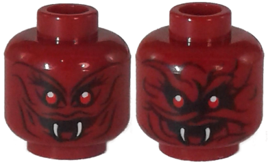 Minifigure, Head Dual Sided Red Eyes, Curved White Fangs, Smile, Slight Wavy Lines / Twisted Smile, Prominent Wavy Lines Pattern