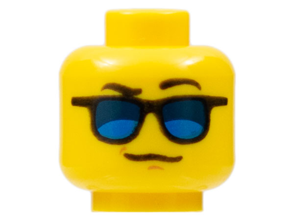 Minifigure, Head Glasses with Blue Sunglasses, Black Eyebrows, Left Eyebrow Raised Pattern