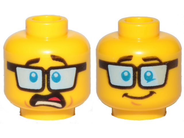 Minifigure, Head Dual Sided Blue Tinted Glasses, Dark Brown Eyebrows, Shocked / Smile Pattern