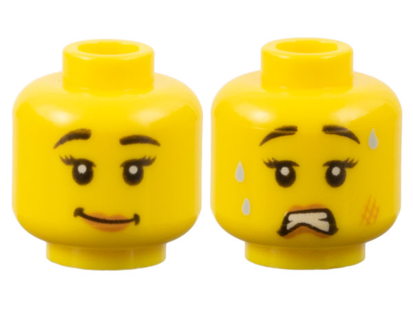 Minifigure, Head Dual Sided Female Black Eyebrows, Eyelashes, Medium Nougat Lips, Lopsided Grin / Scared Open Mouth with Teeth, Sweat, and Scuff Mark Pattern