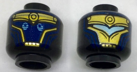 Minifigure, Head Dual Sided Alien with Gold Armor, Dark Blue Face, Light Blue Eyes / Light Blue Visor Pattern