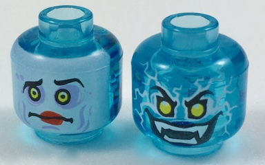 Minifigure, Head Dual Sided Yellow Eyes, Lightning, Teeth with Fangs, Evil Smile / White Face, Sunken Eyes, Red Lips, Confused Pattern