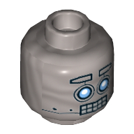 Minifigure, Head Alien with Robot Blue Eyes, Raised Eyebrows, Open Mouth Clenched Silver Teeth Pattern