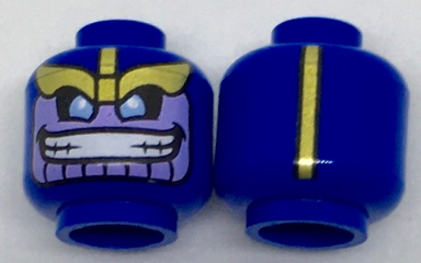 Minifigure, Head Alien with Gold Eyebrows, Lavender Face with Wide Grin and Gold Stripe on Back Pattern