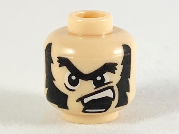 Minifigure, Head Bushy Black Unibrow and Long Thick Sideburns, Off-Center Scowl Pattern