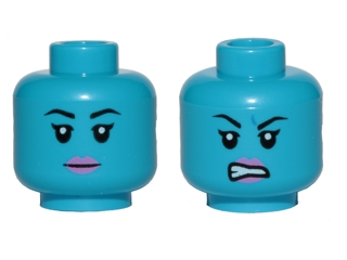 Minifigure, Head Dual Sided Alien Female SW Twi'lek with Black Eyebrows, Dark Pink Lips, Neutral / Angry Open Mouth with Teeth and Blue Dimple Pattern