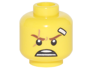 Minifigure, Head Reddish Brown Eyebrows, Medium Nougat Scar, White Bandage and Open Mouth Scowl Pattern (Kai)