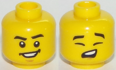 Minifigure, Head Dual Sided Black Eyebrows, Wide Smile, Chin / Eyes Closed, Singing Pattern