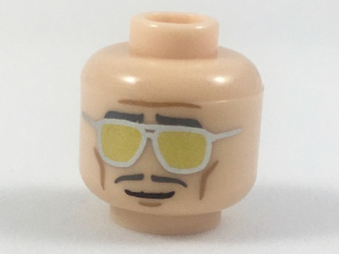 Minifigure, Head Dark Bluish Gray Eyebrows and Moustache, Silver and Gold Sunglasses Pattern