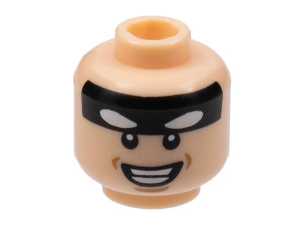 Minifigure, Head Black Headband with White Batman Eyes, Broad Smile Showing Teeth Pattern
